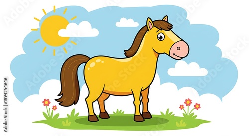 陽気な馬のイラスト 草原と青空