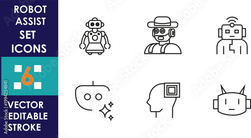 Minimal robot assistant icon set featuring various cute bots, cyborg heads, and automation symbols in thin line style with editable vector strokes modern clean