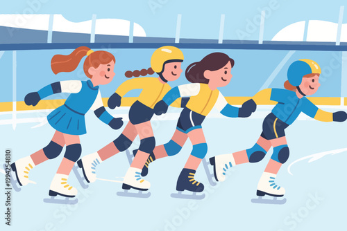 Illustration Of A Group Of Little Girls Competing In Professional Ice Skating On An Ice Track Vector Design Template