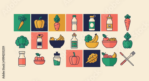 Healthy food icons featuring fresh fruits, vegetables, and drinks for wellness and nutrition