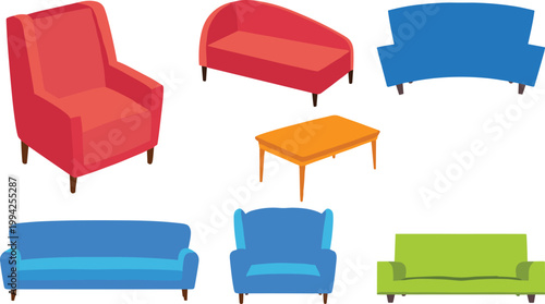 Collection of modern living room furniture featuring colorful sofas, armchairs, a chaise lounge, and a wooden coffee table isolated on a white background for design