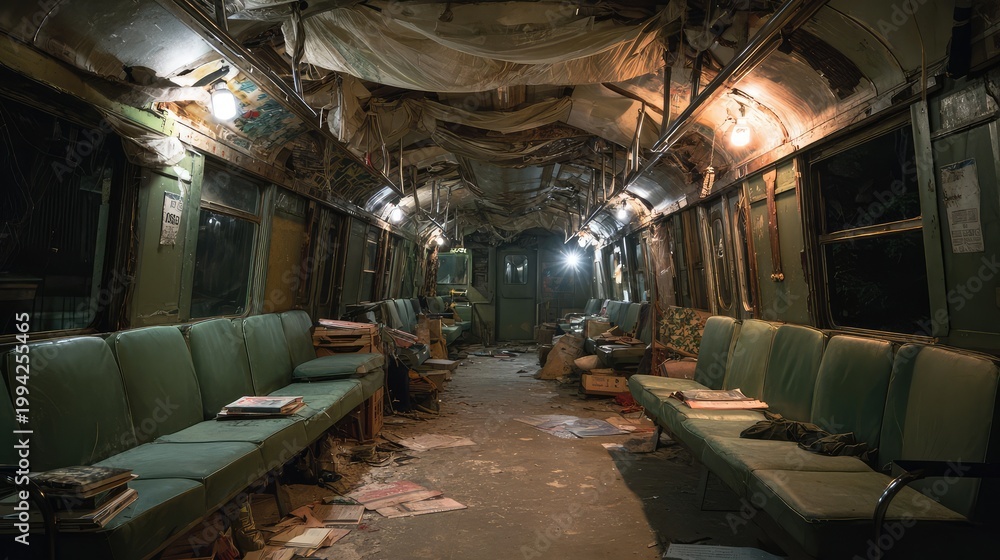 Fototapeta premium Abandoned Train Interior: A Haunting Look at Forgotten Spaces and the Passage of Time