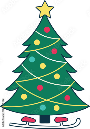 Joyful Christmas Tree Decorated with Colorful Baubles and Garlands Sitting on a Sleigh