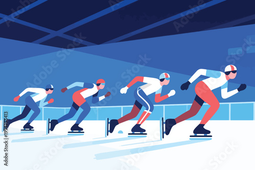 Illustration Of Mans Speed Skating Race With Multiple Athletes In An Indoor Arena Vector Design Template