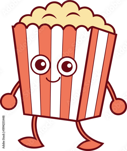 Joyful walking popcorn box character with an open top and visible delicious kernels