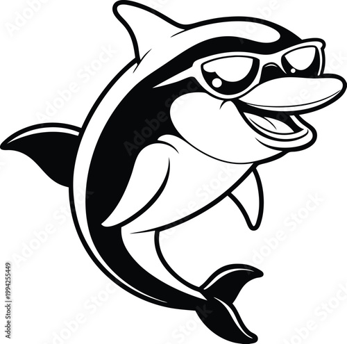 Joyful monochromatic dolphin character with sunglasses and a happy wide grin