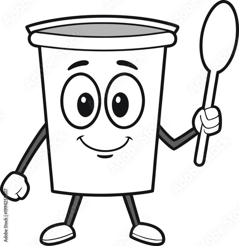 Monochrome Yogurt Cup Character Holding a Spoon with a Warm and Friendly Smile