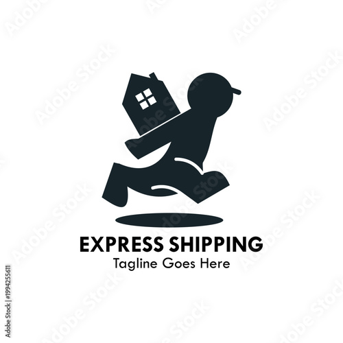 Professional vector icon of a running courier carrying a house, perfect for real estate moving services, home delivery, property logistics, and relocation companies.