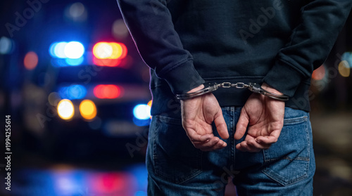 Arrested suspect in handcuffs with police car lights, criminal detention and law enforcement concept. 