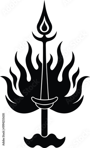 Mystical black torch staff symbol adorned with a central flame and multiple fiery elements surrounding its base