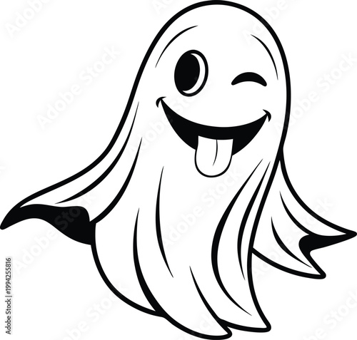 Playful cartoon ghost character winking with its tongue out making a funny face
