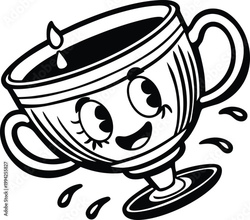 Playful cartoon coffee cup character with eyelashes cheerfully spilling drink in vintage style