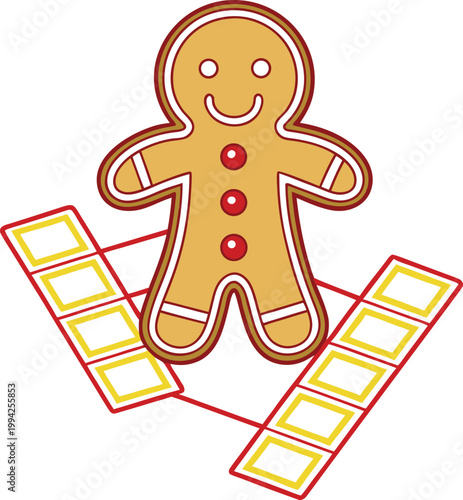 Playful Gingerbread Man Character Leaps Over a Red and Yellow Hopscotch Pathway