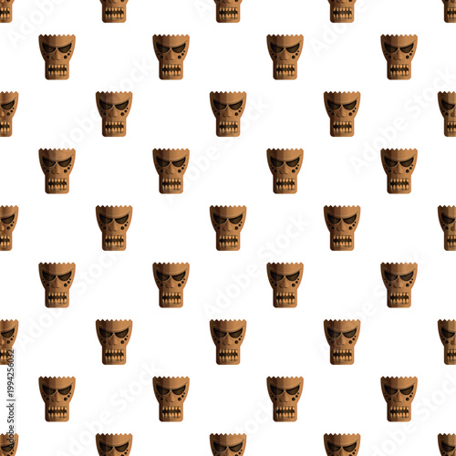 Tiki masks with tribal details creating a brown hawaii culture background