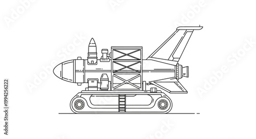 Line Art Illustration of a Futuristic Space Rocket on a Crawler Transporter