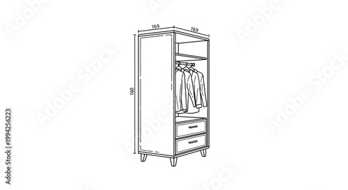 Line Art Illustration of a Modern Wardrobe with Dimensions