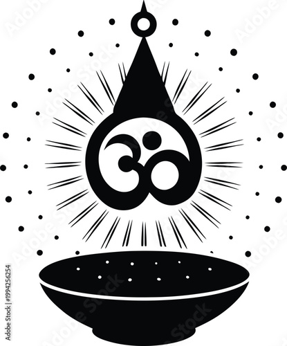 Sacred Om symbol with sunburst light radiating above a traditional offering bowl