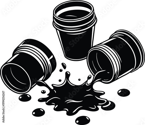 Several industrial containers with rich dark fluid create a dramatic central splash and scattered spills