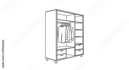 Line Art Illustration of Modern Wooden Wardrobe with Hanging Clothes and Drawers