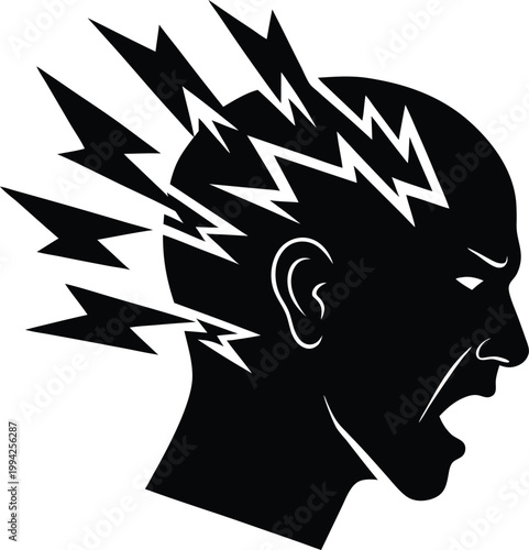 Side profile of a screaming human head with lightning bolts representing intense stress and overwhelming mental pressure