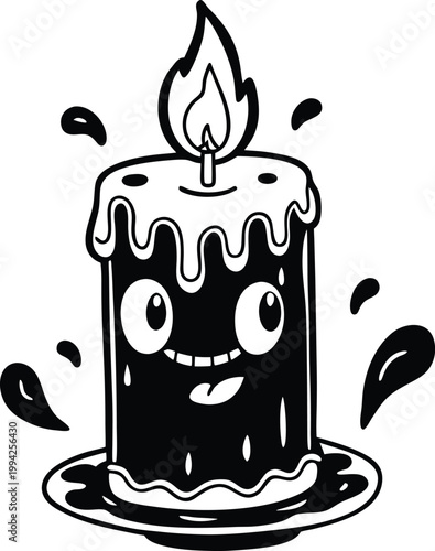 Smiling black melting candle character with happy face and vibrant dripping wax details