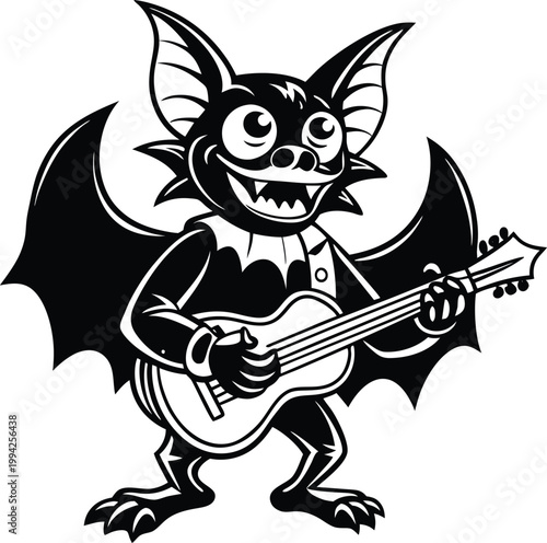 Smiling cartoon bat character playing an acoustic guitar and standing upright