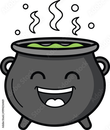 Smiling Cartoon Cauldron Bubbling with Green Potion and Happy Facial Expression