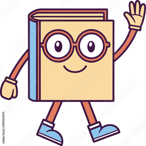 Smiling brown book character with red glasses walking cheerfully and waving a welcoming hand