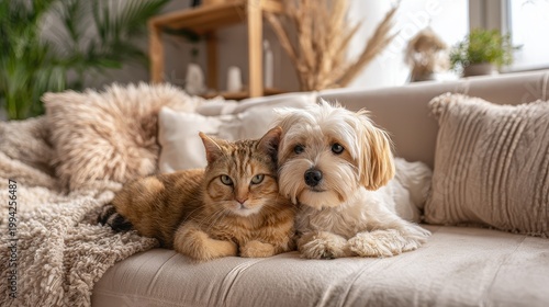 Adorable cat and dog cuddling on a cozy sofa in a sunlit living room