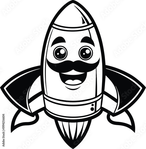Smiling Cartoon Rocket Character with a Moustache Ready for Space Exploration Adventure