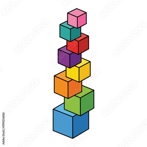 Stack of Colorful Rainbow Toy Blocks in Vertical Tower