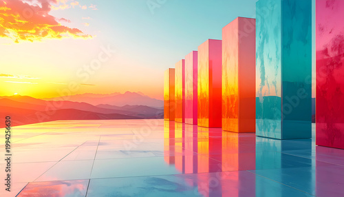 A vibrant, surreal landscape features a row of colorful, reflective pillars set against a breathtaking sunset over rolling hills, creating a dreamlike and abstract composition.