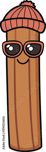 Smiling Cinnamon Stick Mascot with a Pink Knitted Hat and Dark Sunglasses