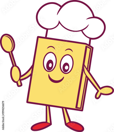 Smiling cookbook character wears a chef hat and holds a wooden spoon ready for cooking fun
