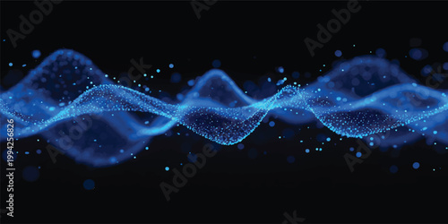 Glowing neon blue waves and fractal smoke patterns create a bright energy motion design on a dark black abstract background wallpaper illustration