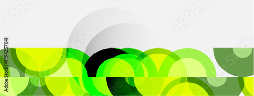 Abstract design features overlapping green circles below white gradient. Simple composition, modern aesthetic, clean lines present.