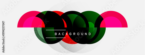 Abstract design features overlapping colorful circles. Pink, green, black, light blue shapes create dynamic composition. Text reads BACKGROUND.