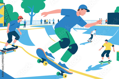 Illustration Of A Skate Park Filled With Young People Skateboarding And Doing Tricks Vector Design Template