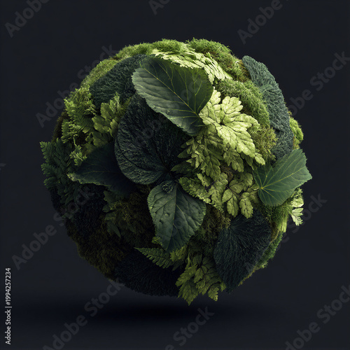 Macro photography of a globe sphere made from lush green leaves, ferns, and moss on dark charcoal background. Top lighting highlights leaf veins and textures. Negative space. Use for environment day.