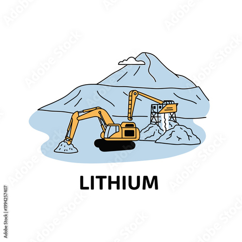 Vector illustration of lithium mining operation with heavy excavators