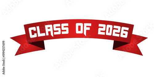 Class of 2026 text in red curved ribbon banner with white isolated on white background