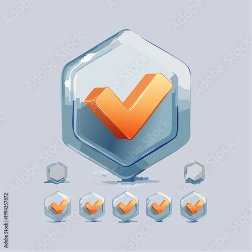 Orange checkmark in hexagon.