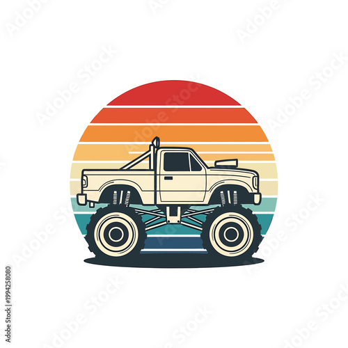 Vintage Style Monster Truck Illustration with Retro Sunset Background