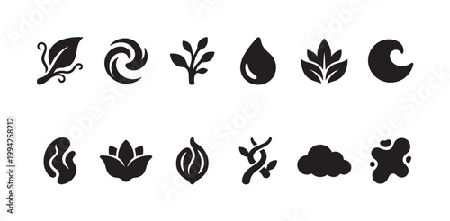 Collection of abstract black nature symbols and icons including leaves, water drops, waves, clouds, and celestial shapes on a white background.