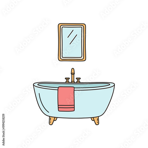 Vector illustration of a bathtub with a towel and mirror above