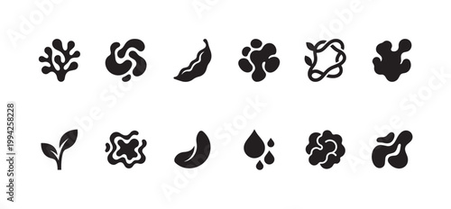 Collection of diverse organic and abstract black icons on a white background, including coral, cells, plants, water droplets, and fluid forms.