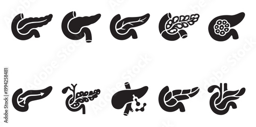 A collection of black and white silhouette icons representing different anatomical views and conditions of the human pancreas, suitable for medical or educational use.