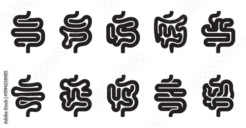 A collection of ten stylized black icon set illustrating the human intestine in a simple, clean graphic design on a white background.