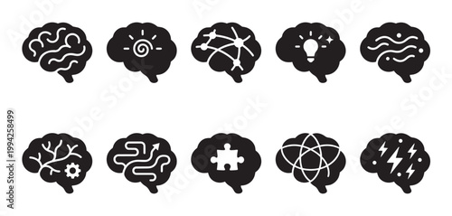 A collection of black brain icons, each symbolizing different aspects of thought, ideas, innovation, and problem-solving with white creative elements.