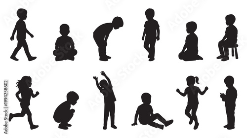A collection of black silhouettes of children in various playful poses, set against a clean white background, ideal for representing childhood activities and diversity.